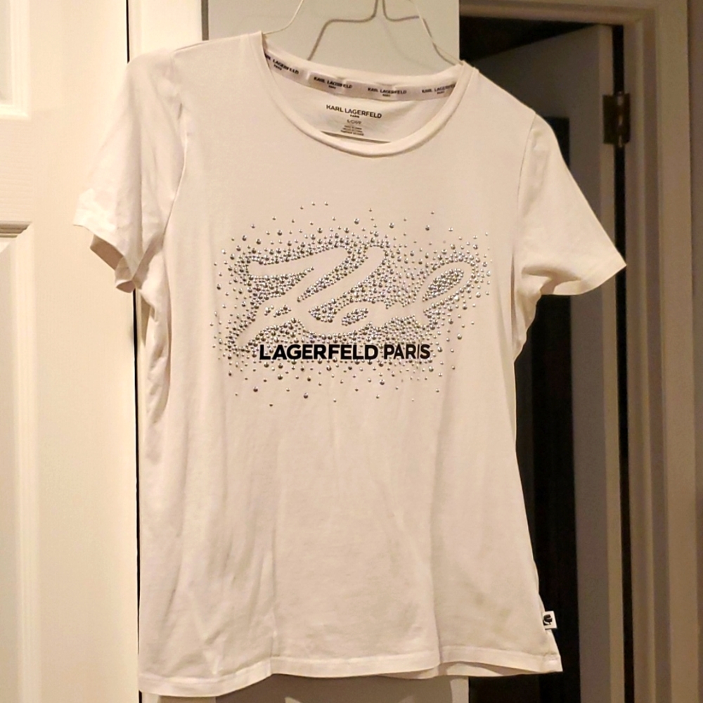 KARL LAGERFELD WOMENS T-SHIRT TOP- KARL SIGNATURE -SILVER STUDS LOGO